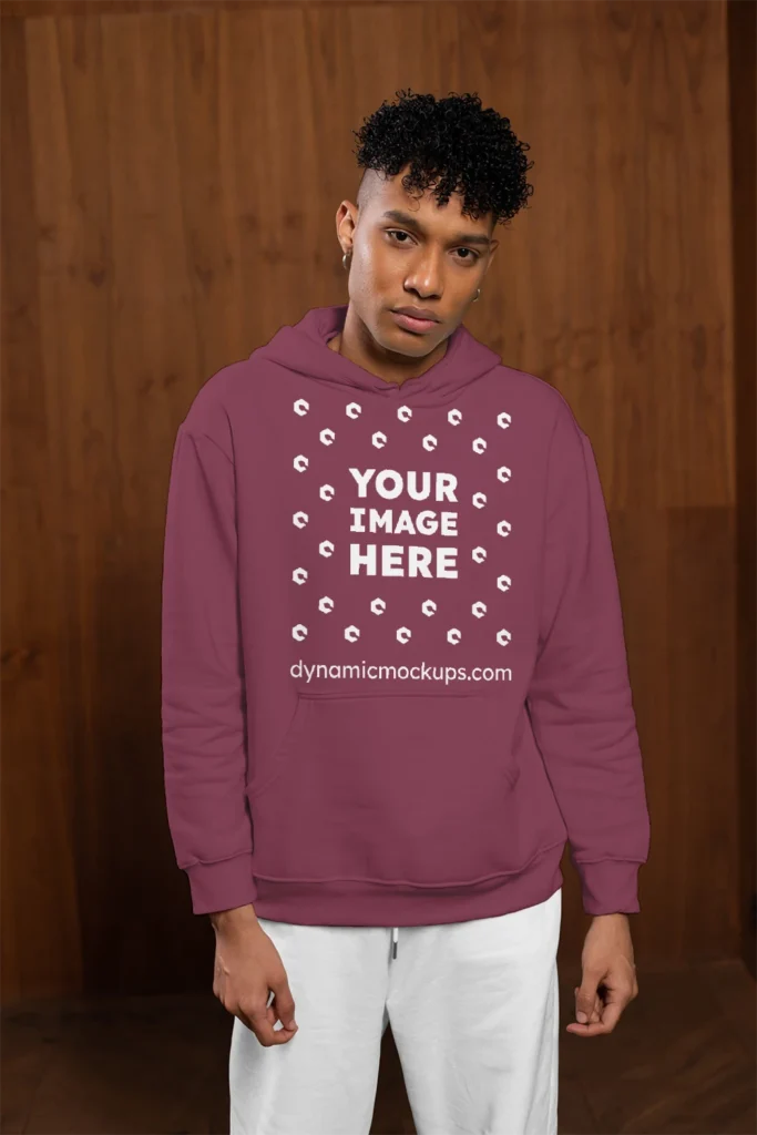 Man Wearing Maroon Hoodie Mockup Front View Template