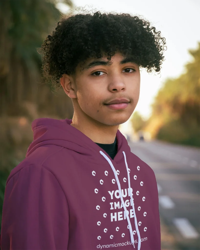 Man Wearing Maroon Hoodie Mockup Front View Template