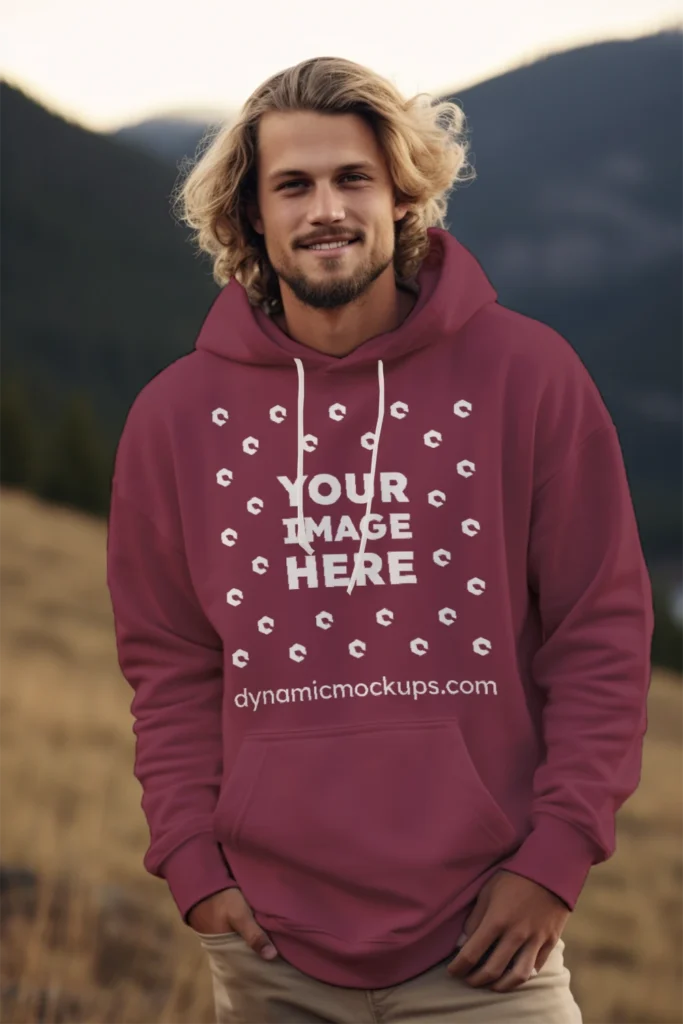 Man Wearing Maroon Hoodie Mockup Front View Template