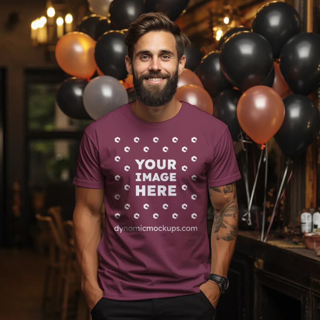 Man Wearing Maroon T-shirt Mockup Front View Template