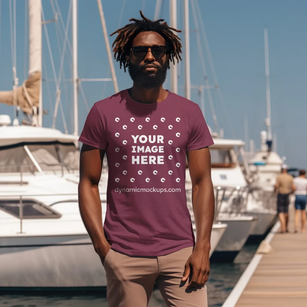 Man Wearing Maroon T-shirt Mockup Front View Template