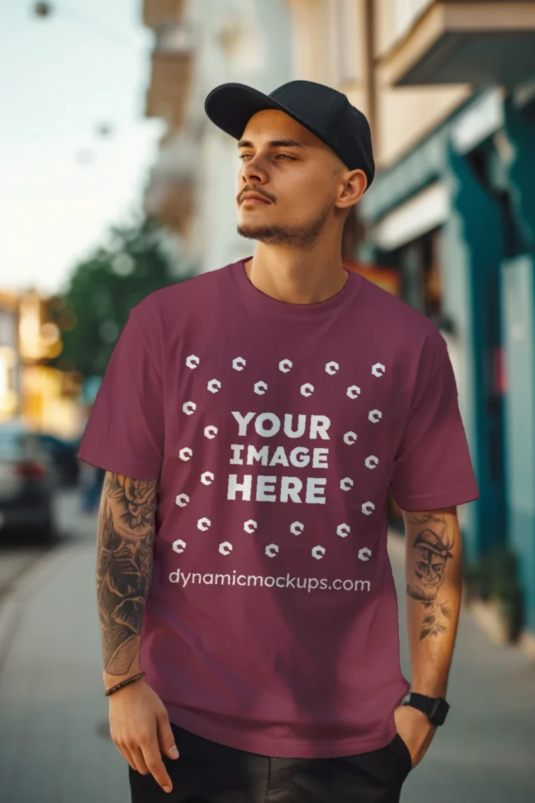 Man Wearing Maroon T-shirt Mockup Front View Template