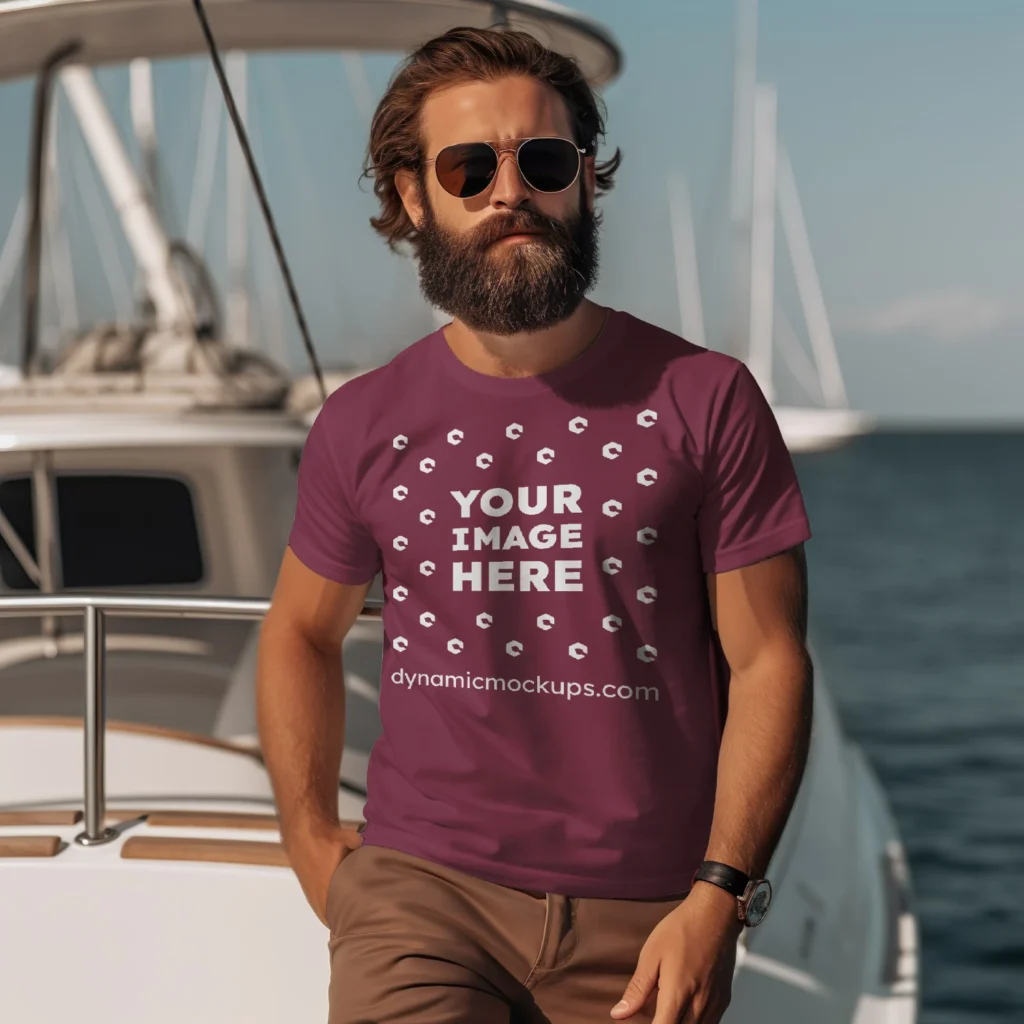 Man Wearing Maroon T-shirt Mockup Front View Template