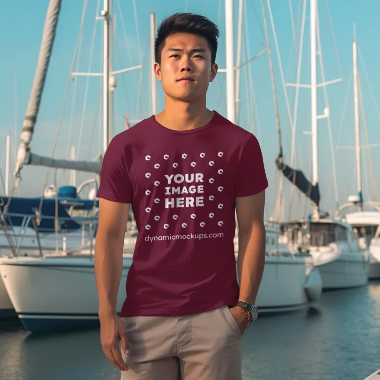 Man Wearing Maroon T-shirt Mockup Front View Template