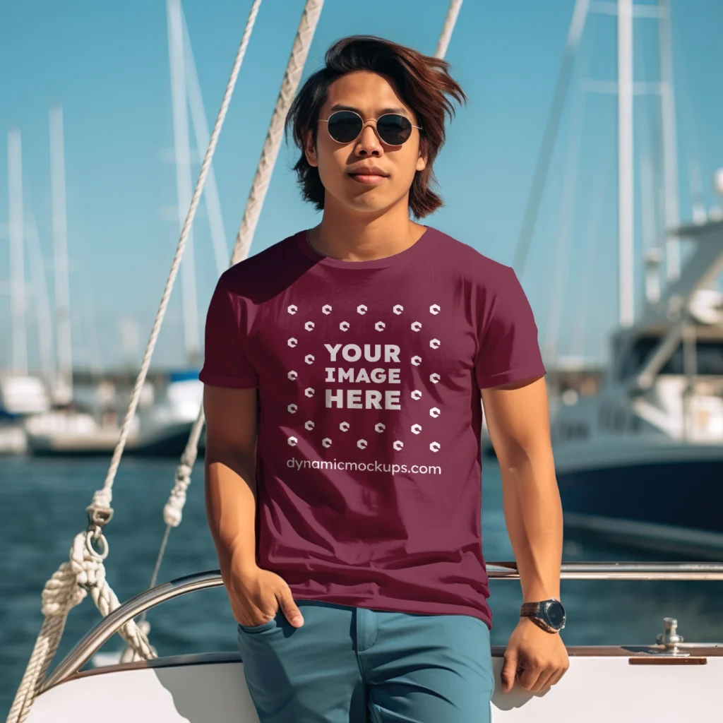 Man Wearing Maroon T-shirt Mockup Front View Template