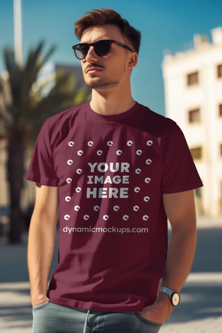 Man Wearing Maroon T-shirt Mockup Front View Template