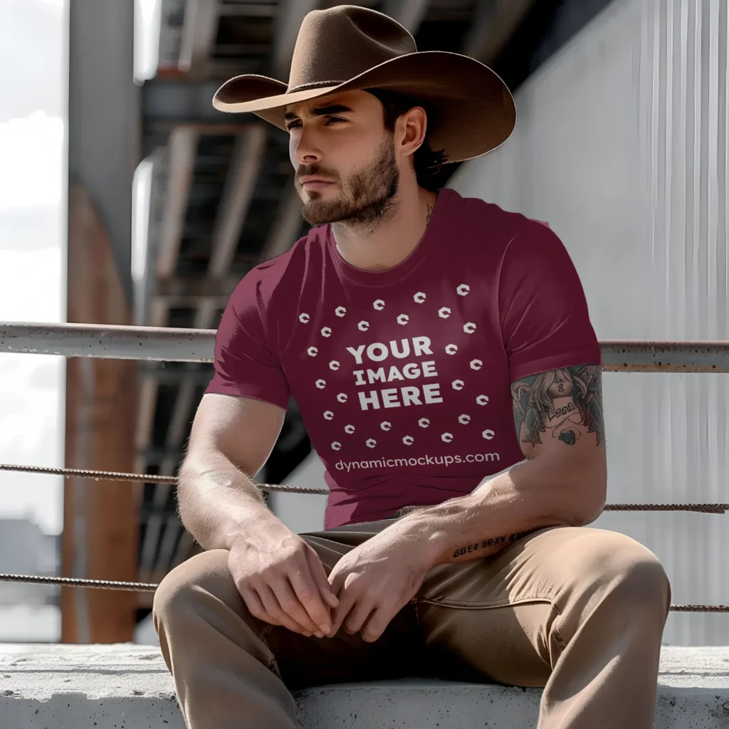 Man Wearing Maroon T-shirt Mockup Front View Template