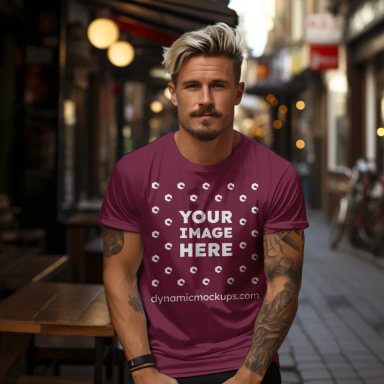 Man Wearing Maroon T-shirt Mockup Front View Template