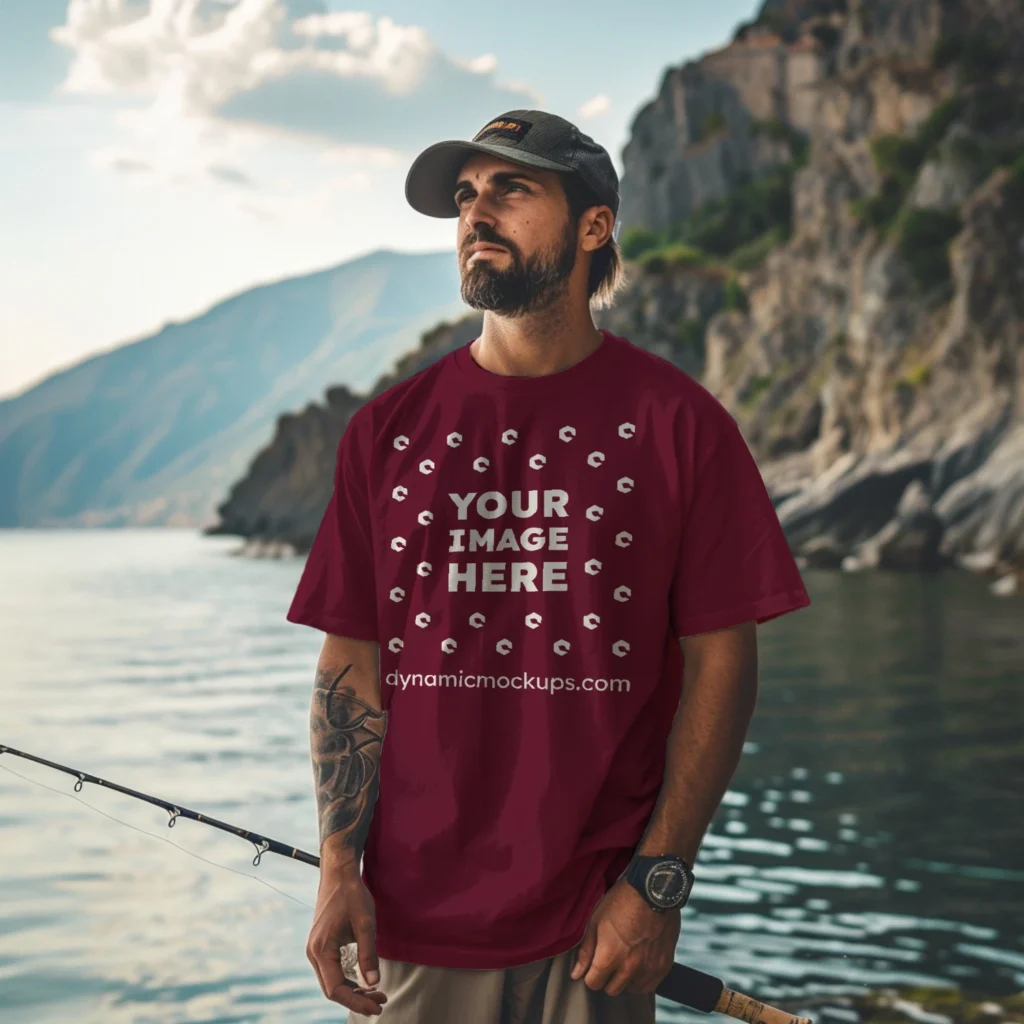 Man Wearing Maroon T-shirt Mockup Front View Template