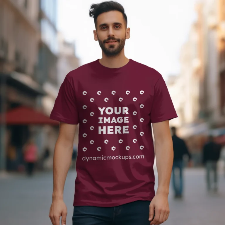 Man Wearing Maroon T-shirt Mockup Front View Template