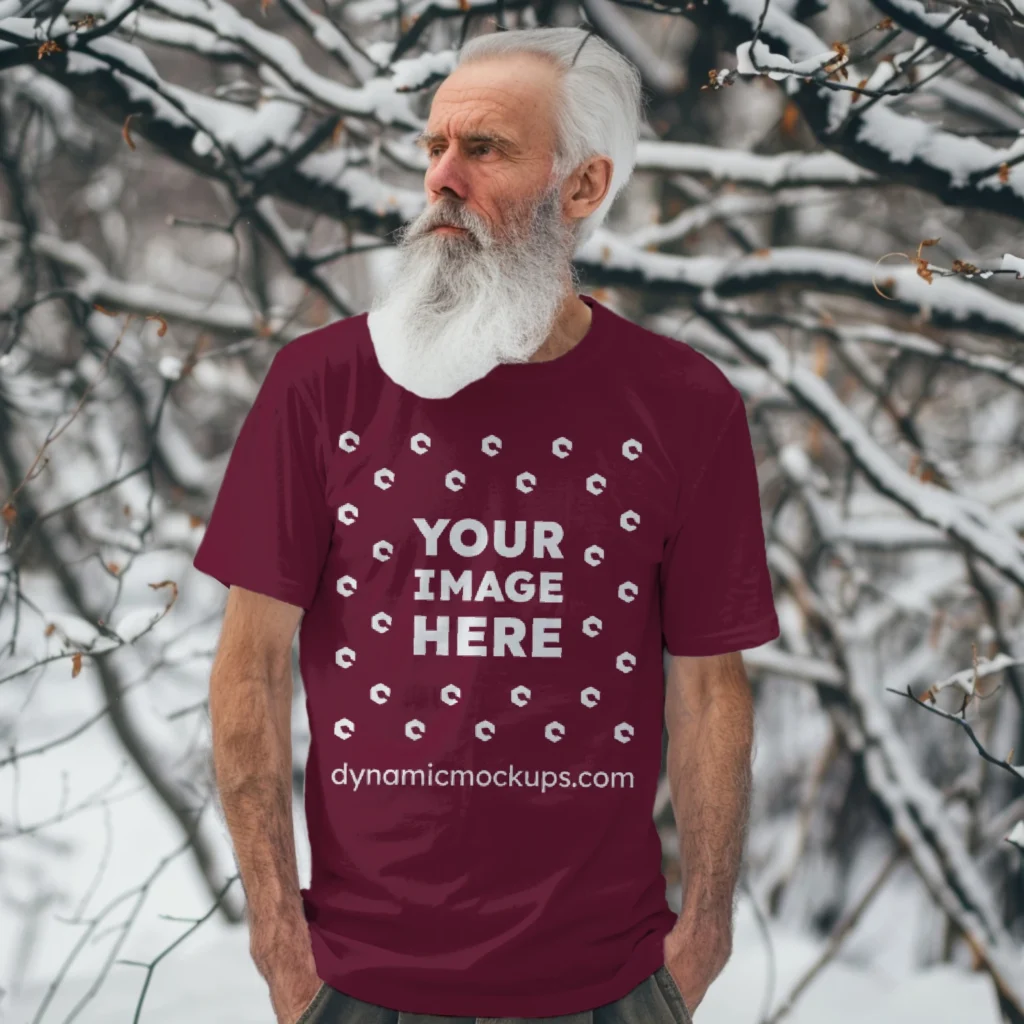 Man Wearing Maroon T-shirt Mockup Front View Template