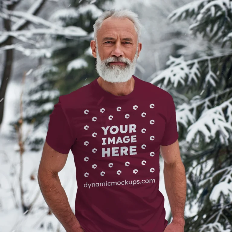 Man Wearing Maroon T-shirt Mockup Front View Template