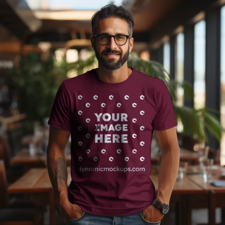 Man Wearing Maroon T-shirt Mockup Front View Template