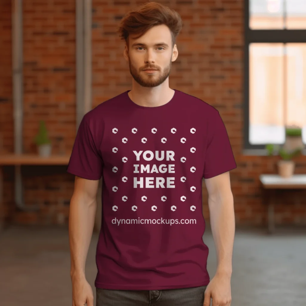 Man Wearing Maroon T-shirt Mockup Front View Template