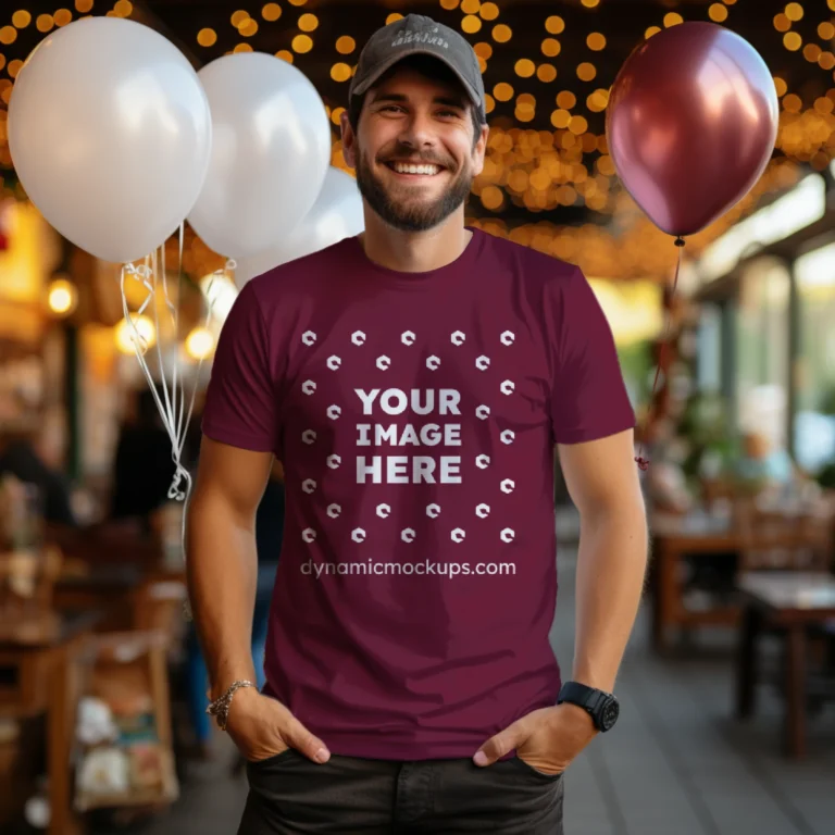 Man Wearing Maroon T-shirt Mockup Front View Template