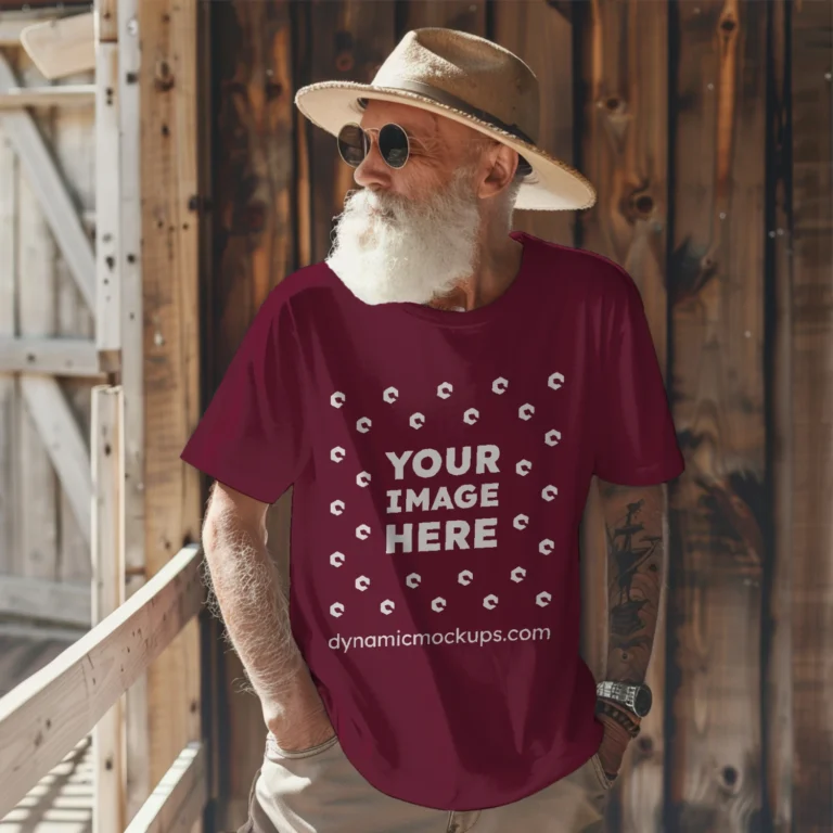 Man Wearing Maroon T-shirt Mockup Front View Template