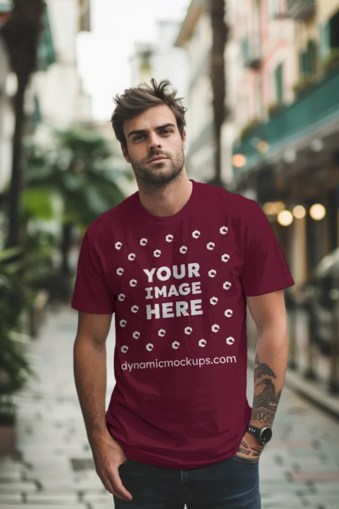 Man Wearing Maroon T-shirt Mockup Front View Template