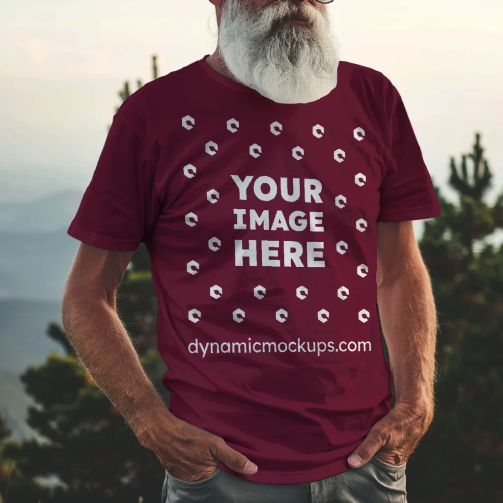 Man Wearing Maroon T-shirt Mockup Front View Template