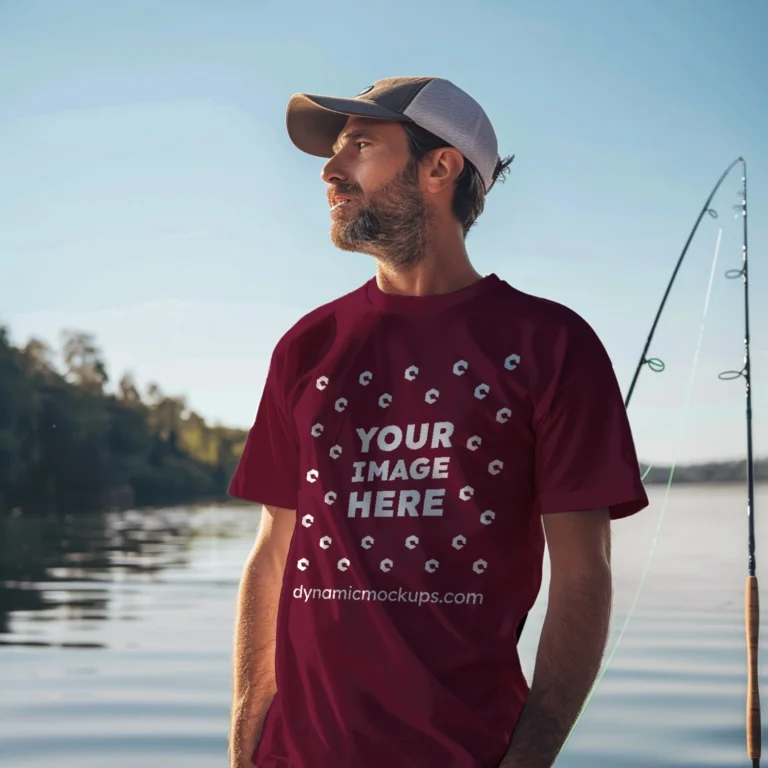 Man Wearing Maroon T-shirt Mockup Front View Template