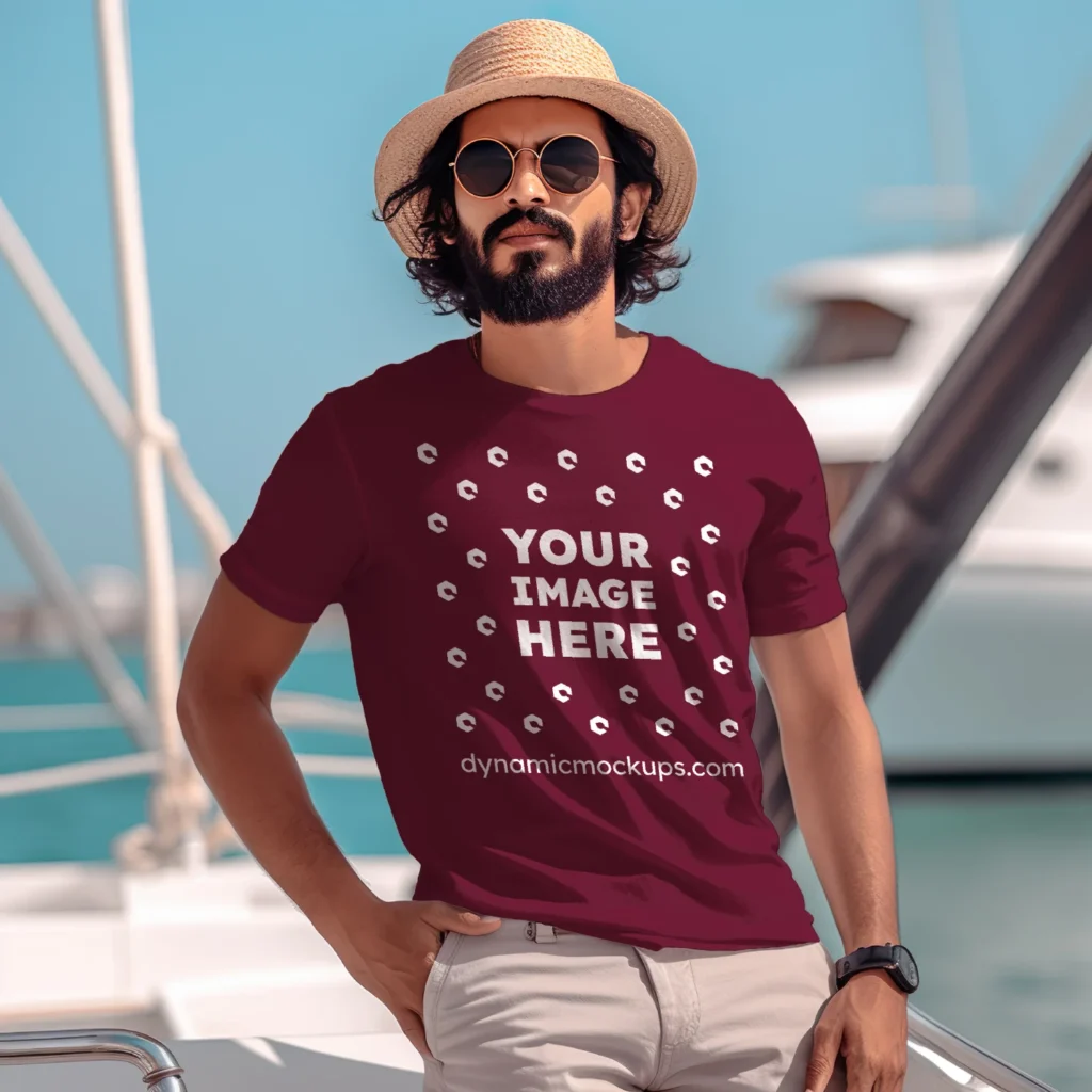 Man Wearing Maroon T-shirt Mockup Front View Template