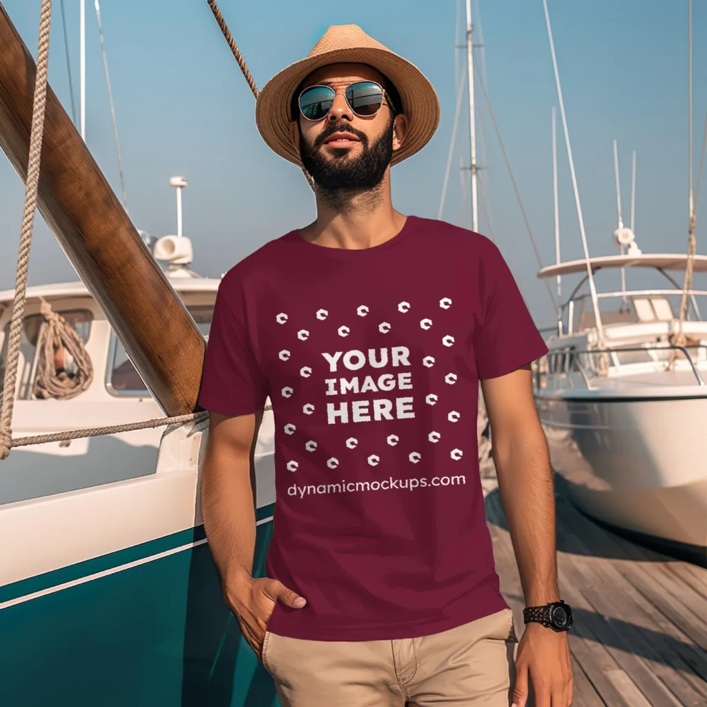 Man Wearing Maroon T-shirt Mockup Front View Template