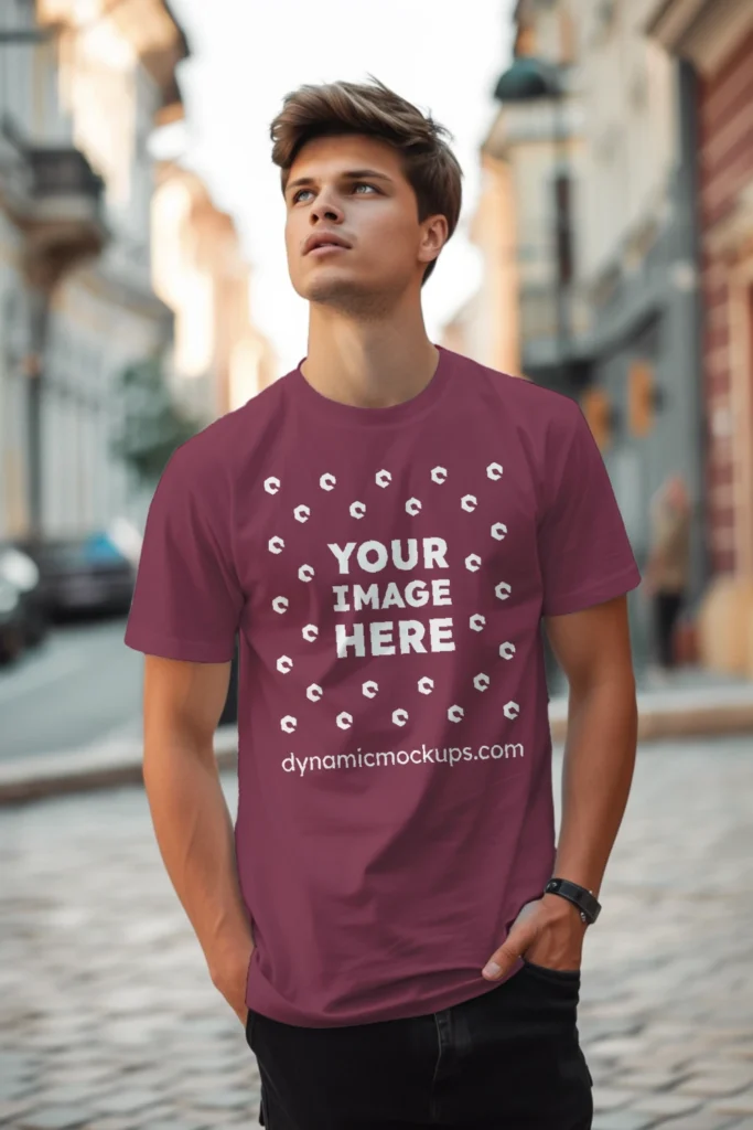 Man Wearing Maroon T-shirt Mockup Front View Template