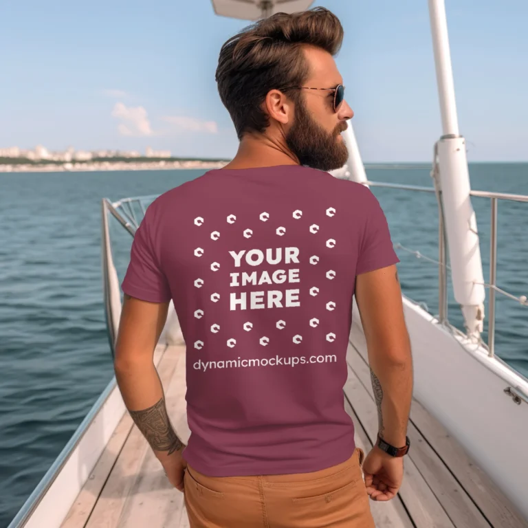 Man Wearing Maroon T-shirt Mockup Back View Template