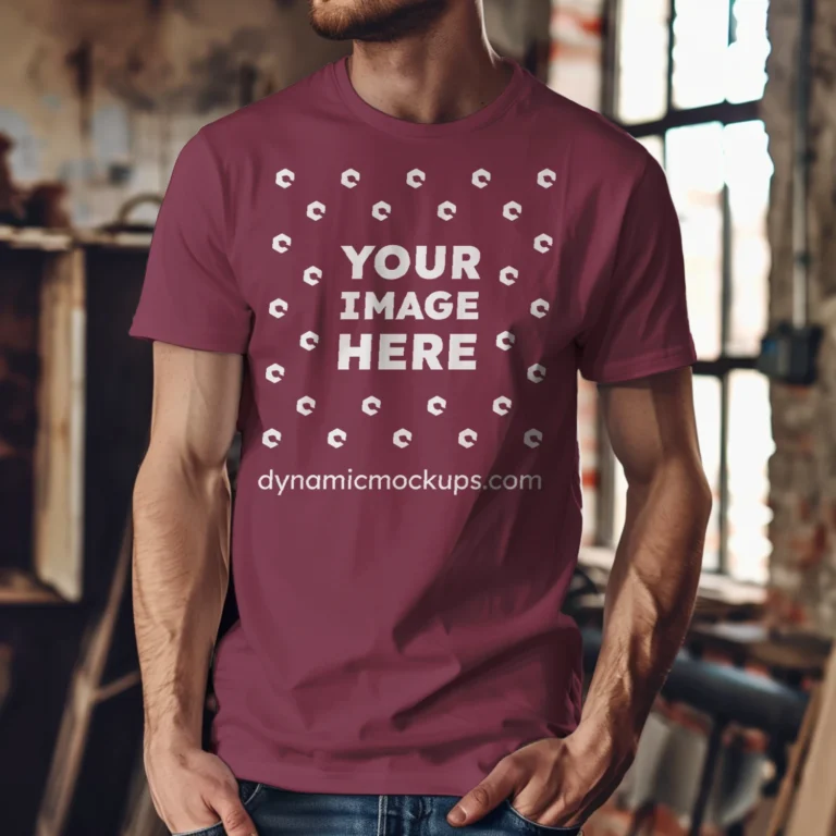 Man Wearing Maroon T-shirt Mockup Front View Template