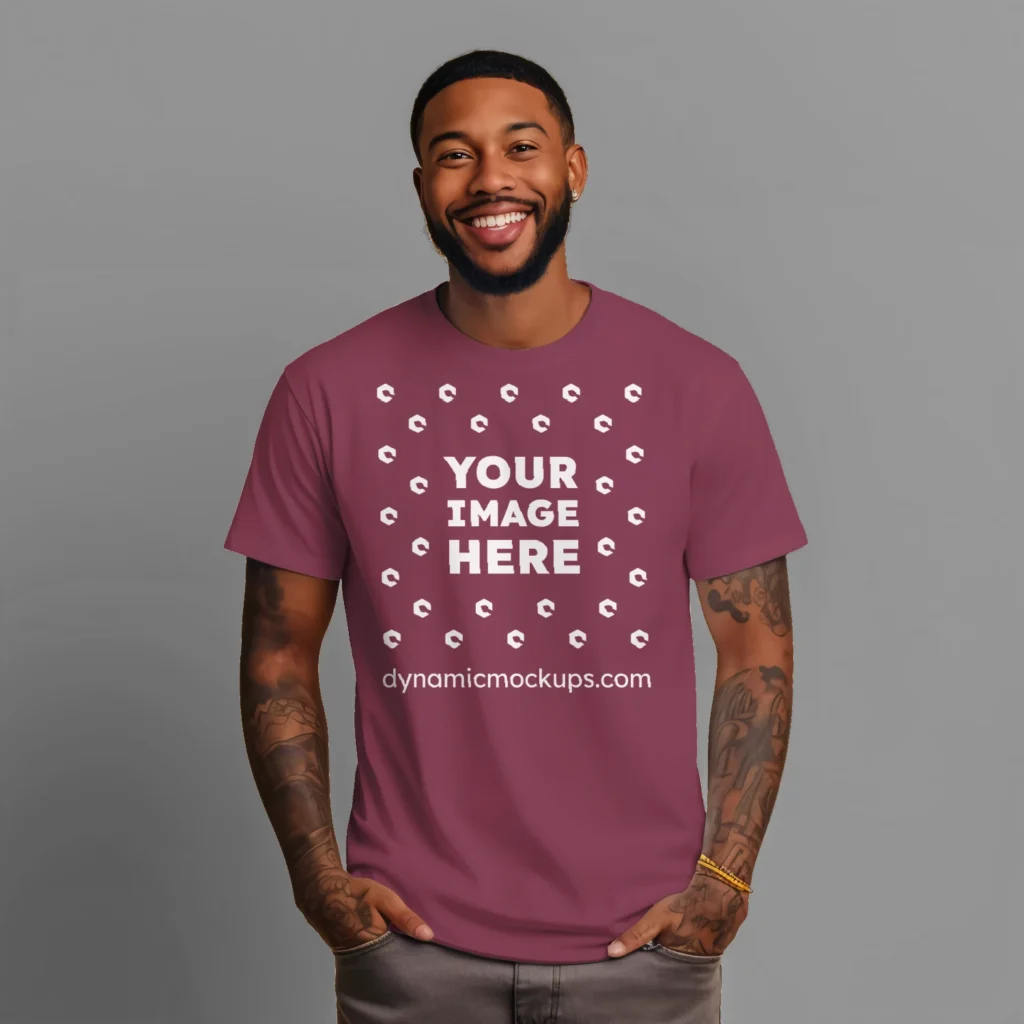 Man Wearing Maroon T-shirt Mockup Front View Template