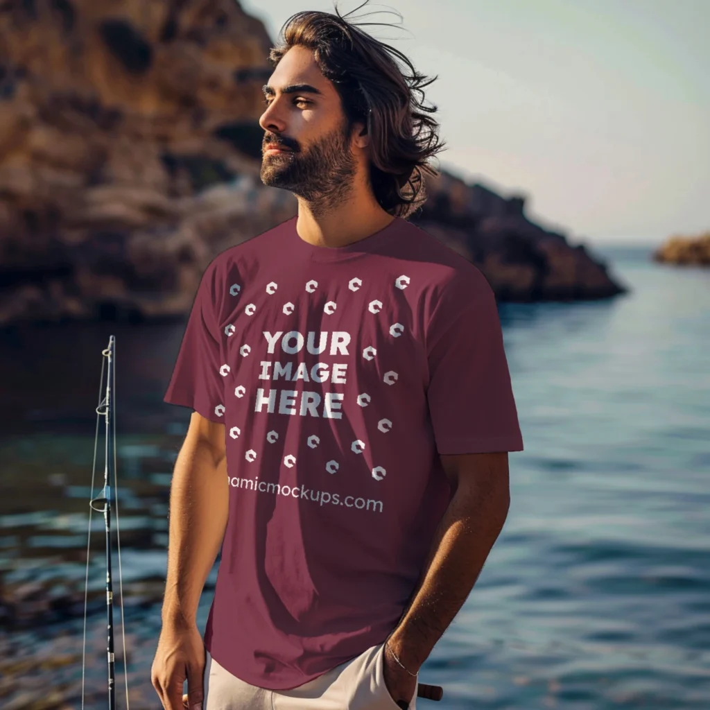 Man Wearing Maroon T-shirt Mockup Front View Template