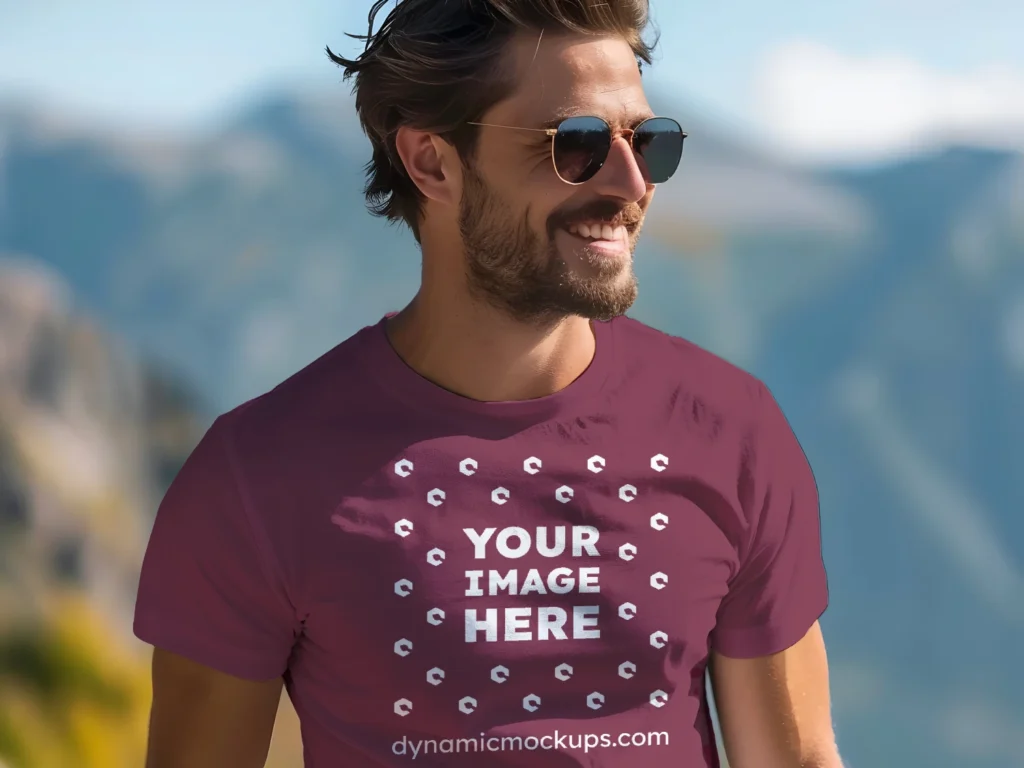 Man Wearing Maroon T-shirt Mockup Front View Template