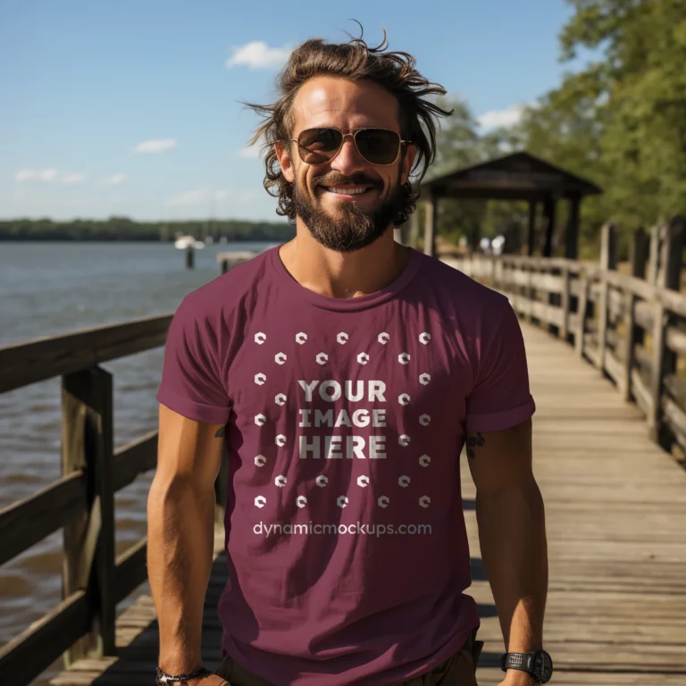 Man Wearing Maroon T-shirt Mockup Front View Template