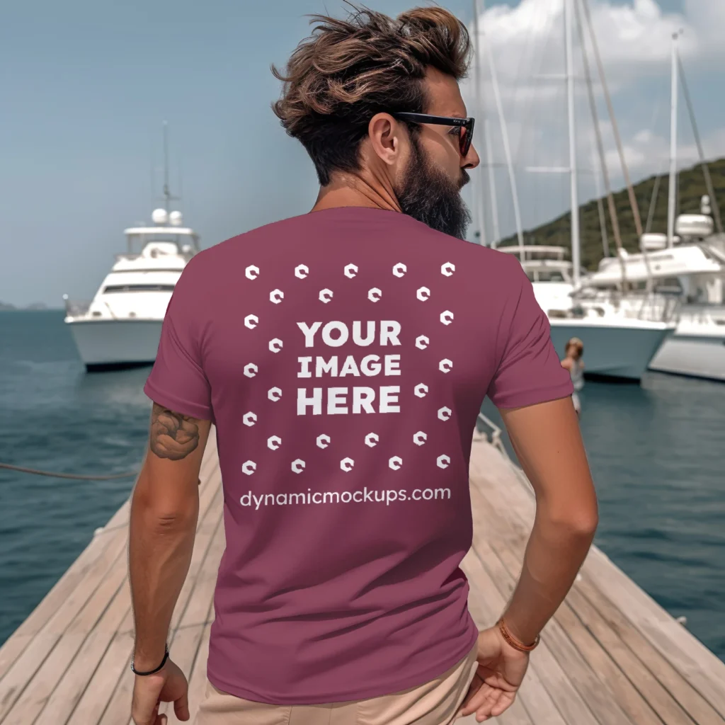 Man Wearing Maroon T-shirt Mockup Back View Template