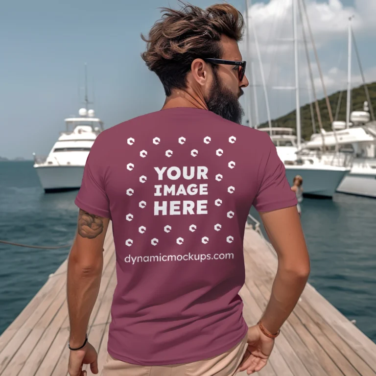 Man Wearing Maroon T-shirt Mockup Back View Template