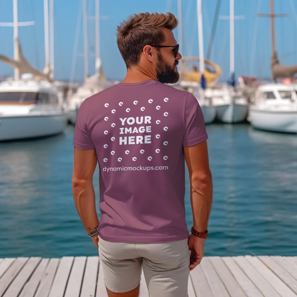 Man Wearing Maroon T-shirt Mockup Back View Template