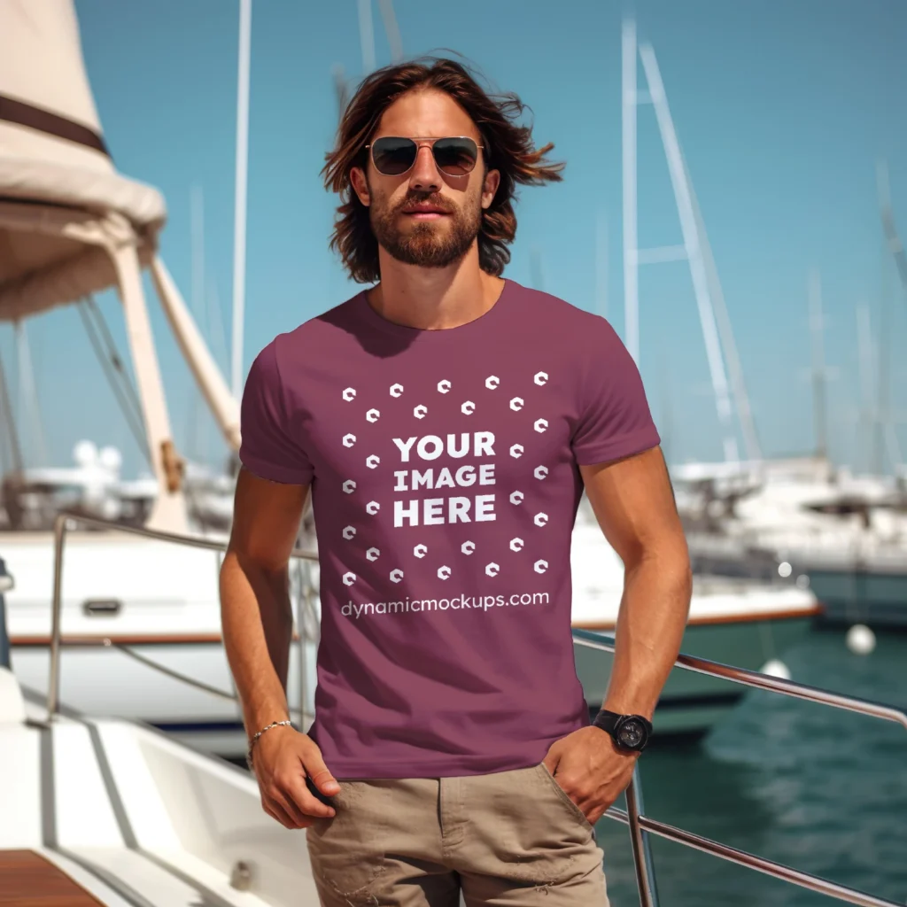 Man Wearing Maroon T-shirt Mockup Front View Template