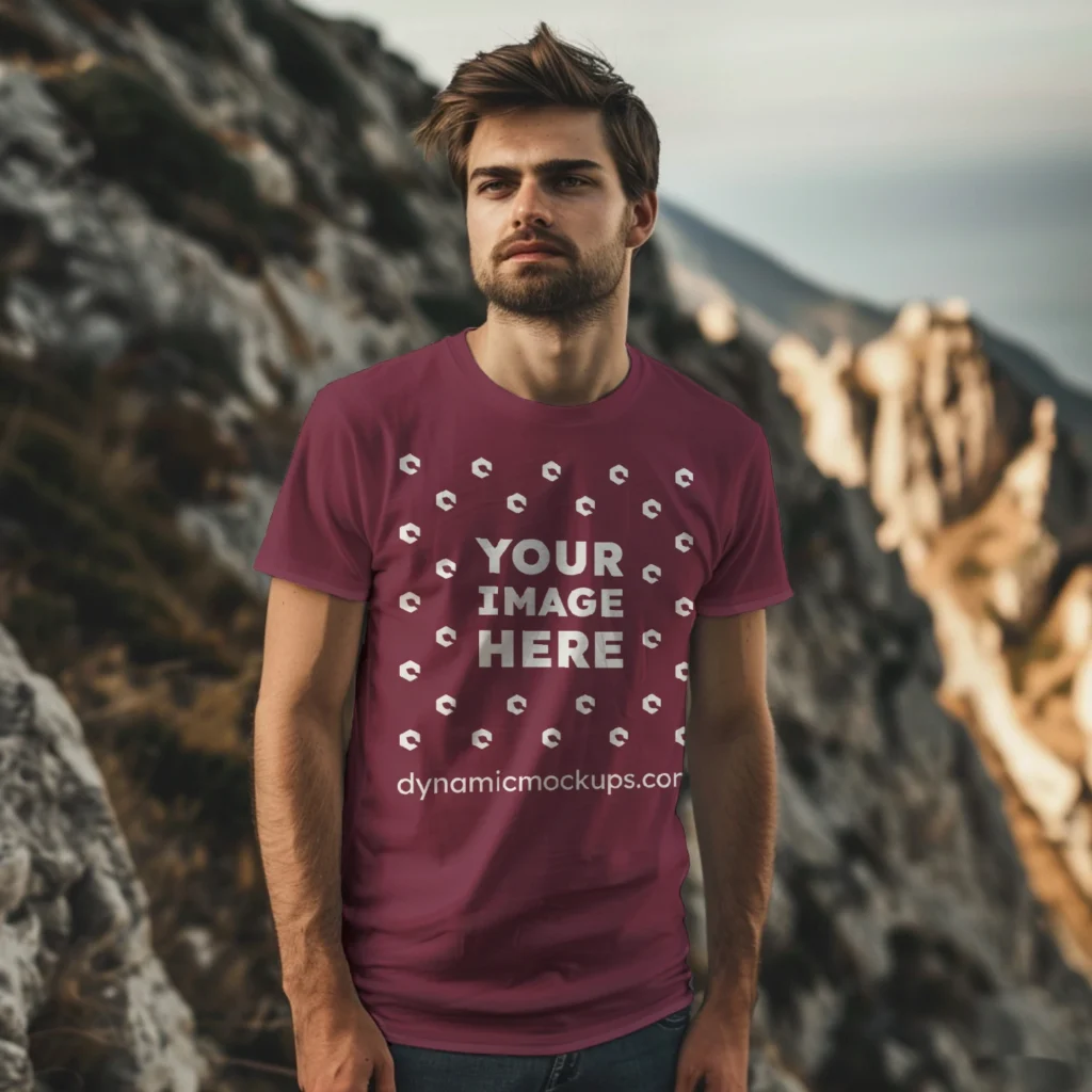 Man Wearing Maroon T-shirt Mockup Front View Template