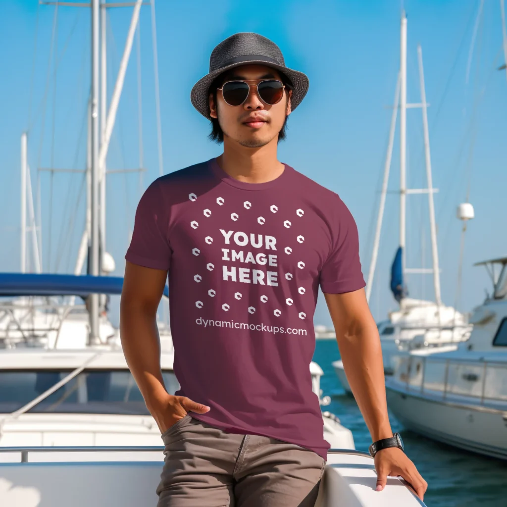 Man Wearing Maroon T-shirt Mockup Front View Template