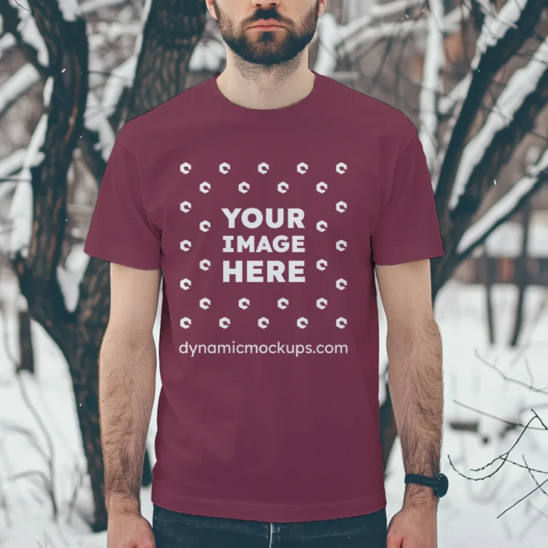 Man Wearing Maroon T-shirt Mockup Front View Template