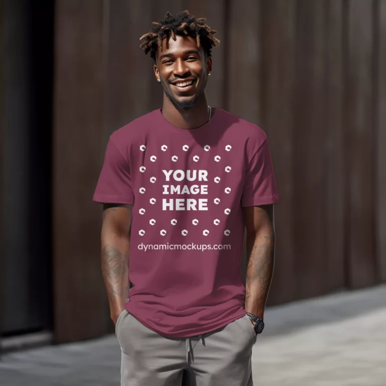 Man Wearing Maroon T-shirt Mockup Front View Template