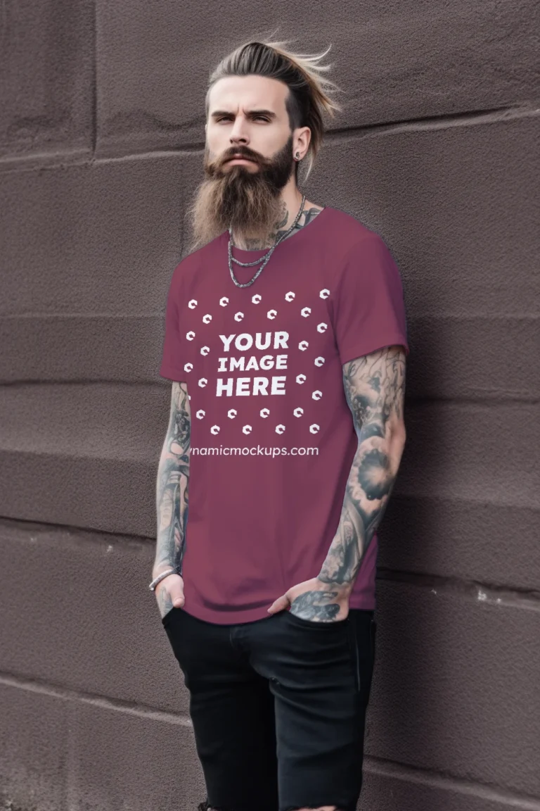 Man Wearing Maroon T-shirt Mockup Front View Template