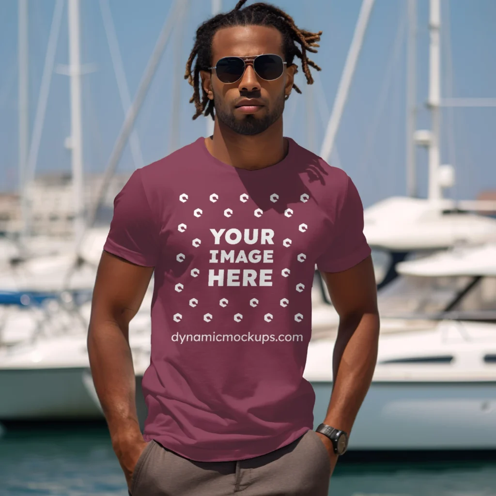 Man Wearing Maroon T-shirt Mockup Front View Template