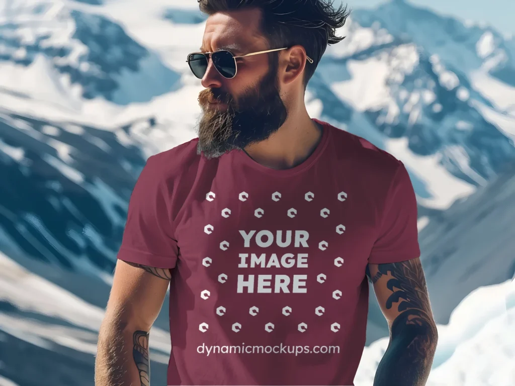 Man Wearing Maroon T-shirt Mockup Front View Template