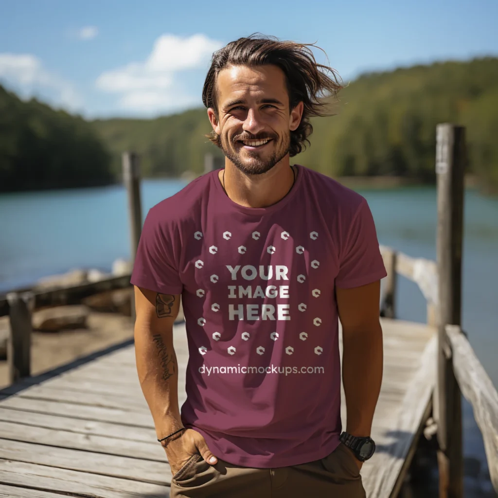 Man Wearing Maroon T-shirt Mockup Front View Template