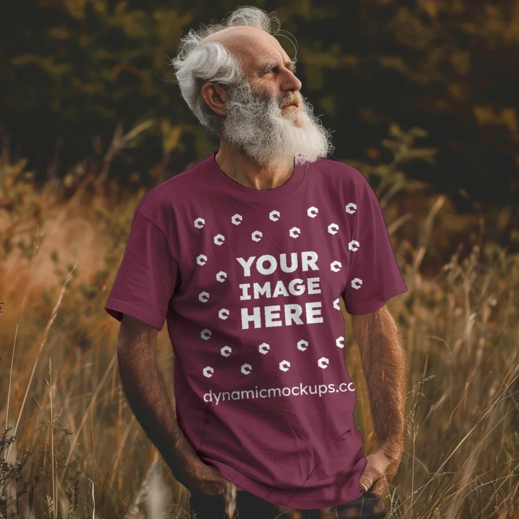 Man Wearing Maroon T-shirt Mockup Front View Template