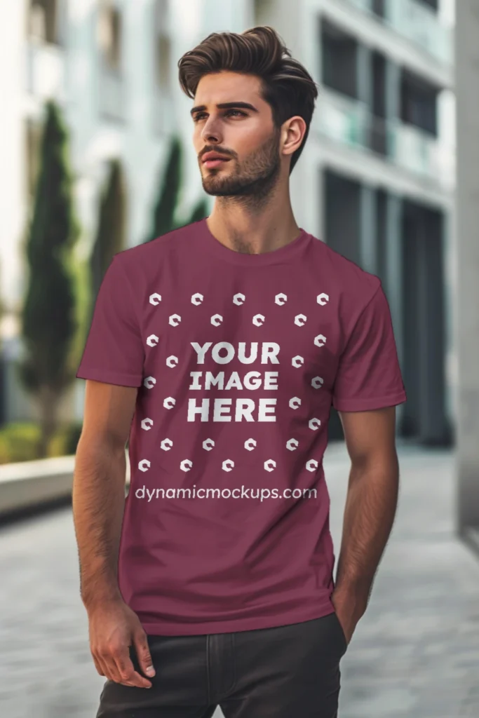 Man Wearing Maroon T-shirt Mockup Front View Template