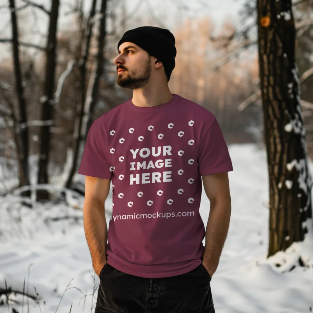 Man Wearing Maroon T-shirt Mockup Front View Template