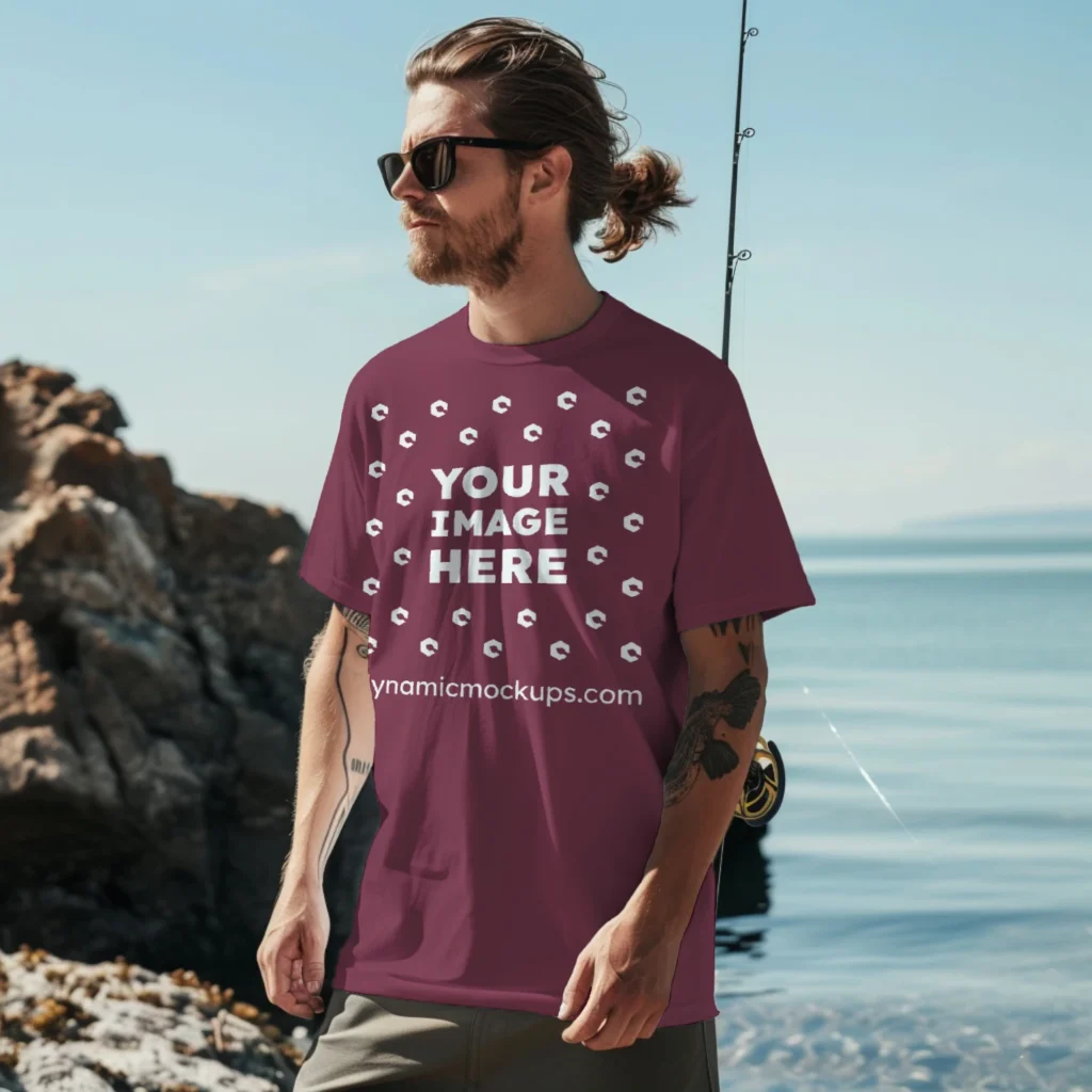 Man Wearing Maroon T-shirt Mockup Front View Template