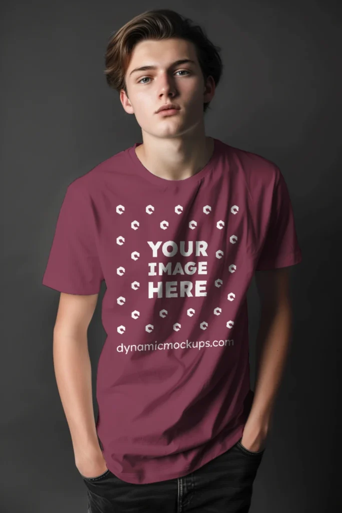 Man Wearing Maroon T-shirt Mockup Front View Template