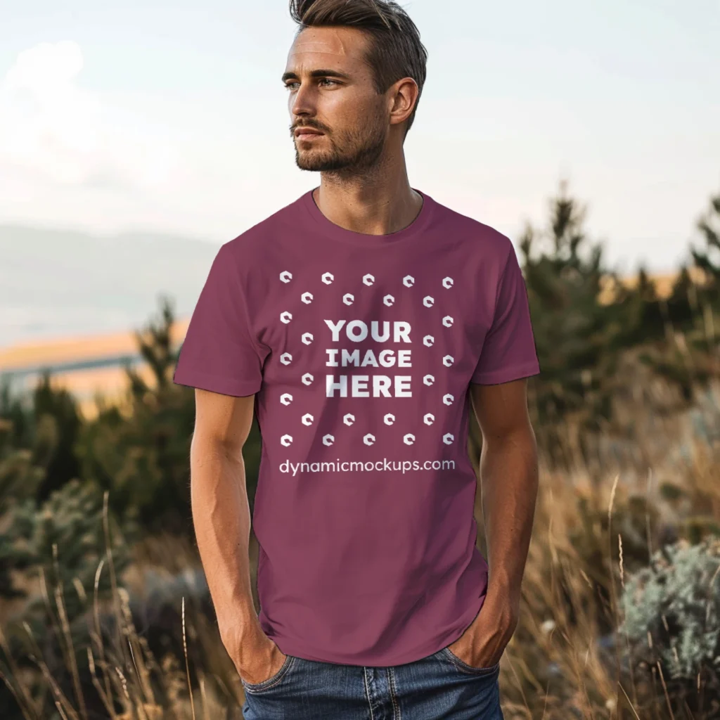 Man Wearing Maroon T-shirt Mockup Front View Template